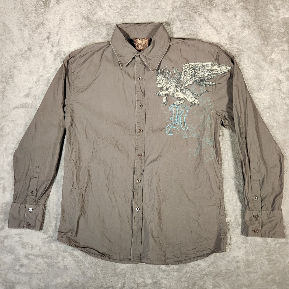 Roar Button Down Shirt Mens XL Brown Winged Lion Honor Graphic Y2K Cotton